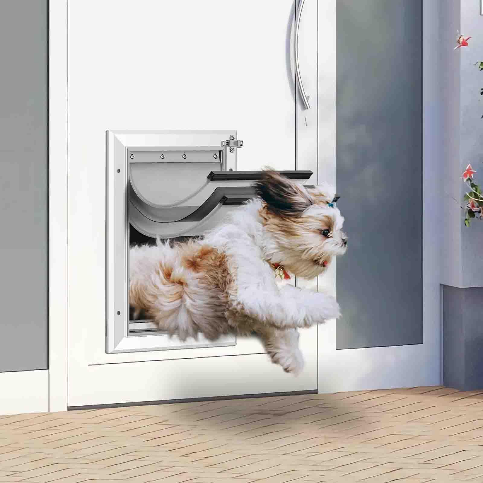 Petoasis silvery-white dog door features a sleek finish and comfortable access.
