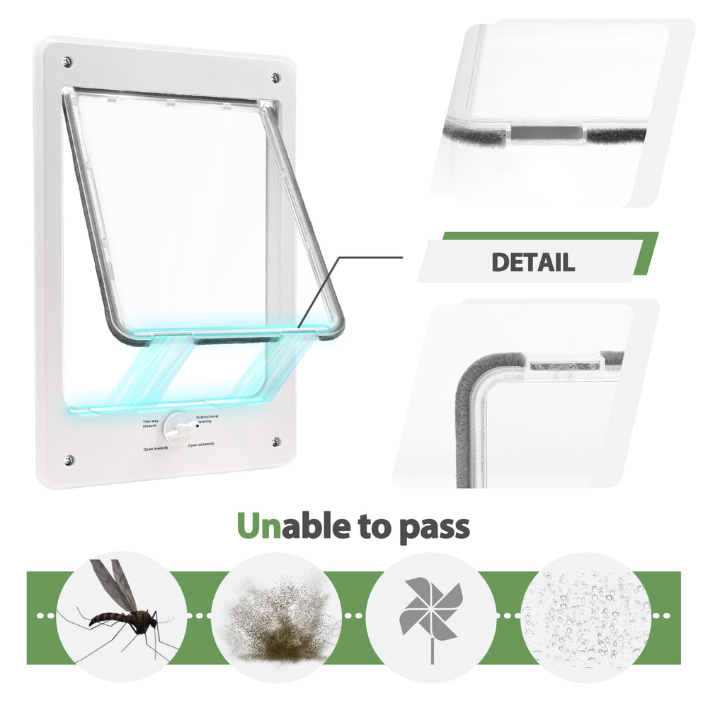 Petoasis window pet door highlights four locking modes for flexible access and security.
