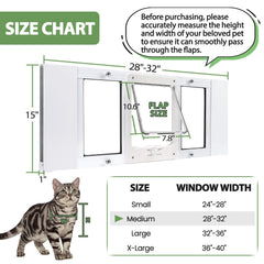 Petoasis window pet door demonstrates quick-return flap and draft protection with magnets.