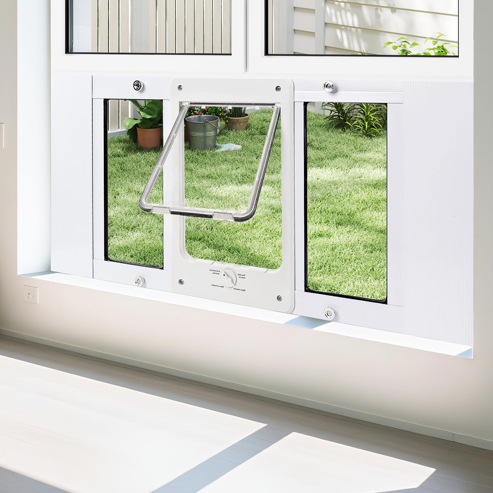 Petoasis window pet door in installation view, fits 28-32 inch windows for easy pet access.