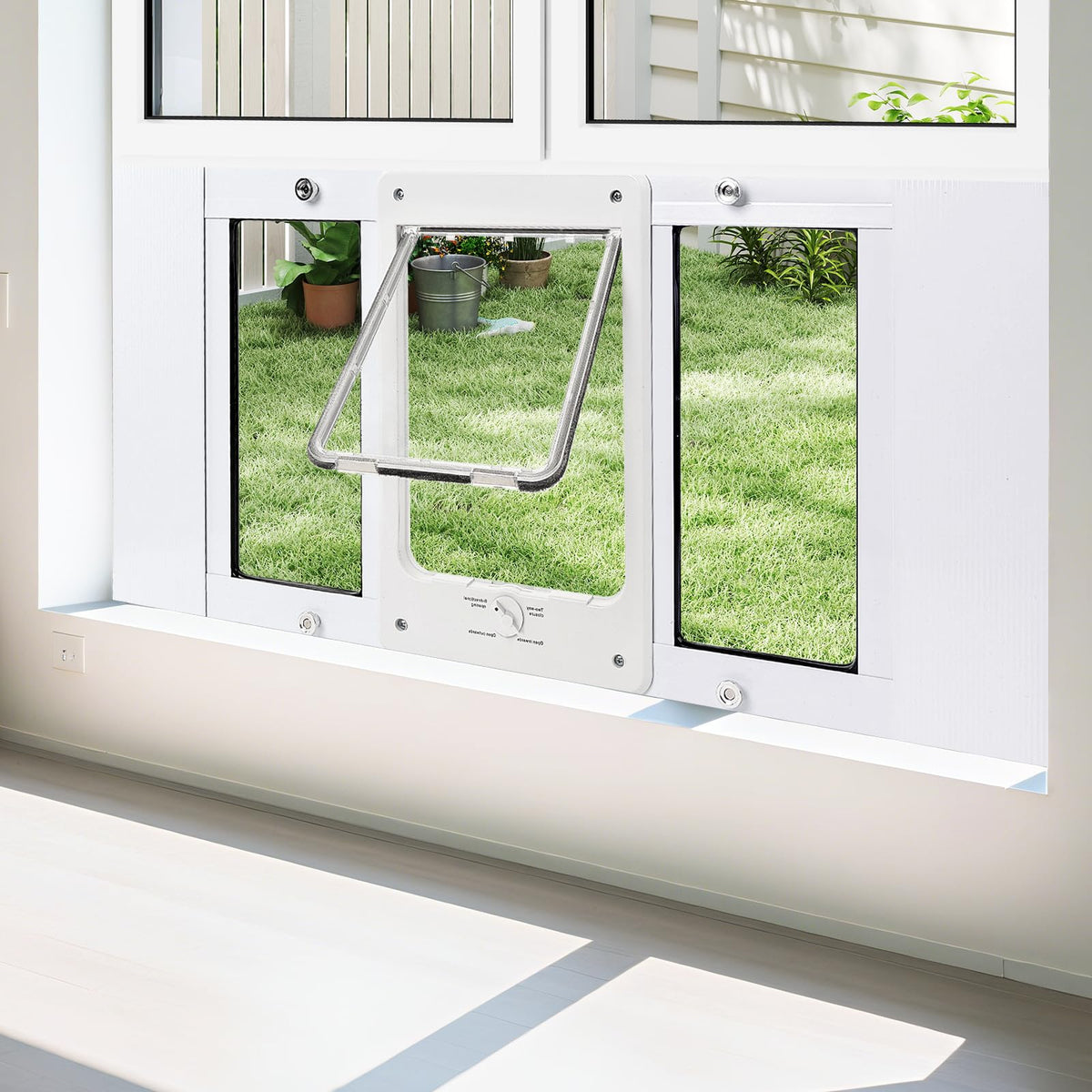 Petoasis window pet door in installation view, fits 28-32 inch windows for easy pet access.