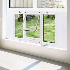 Petoasis window pet door in installation view, fits 28-32 inch windows for easy pet access.