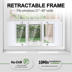 Petoasis window pet door shows weatherstripping and foam bumper seal for wind resistance.