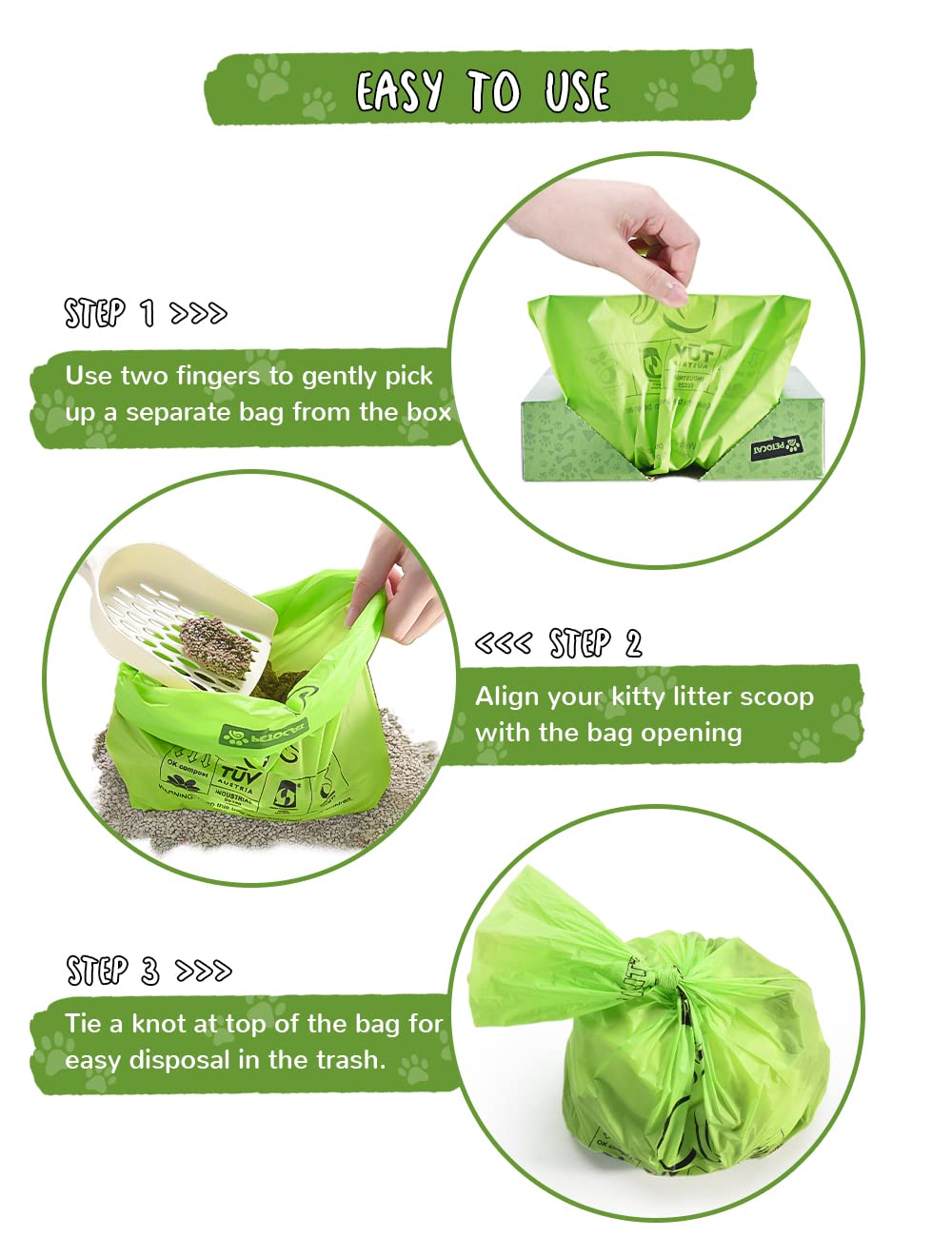 PETOCAT cat litter bags placed in compost show plastic-free, biodegradable design.