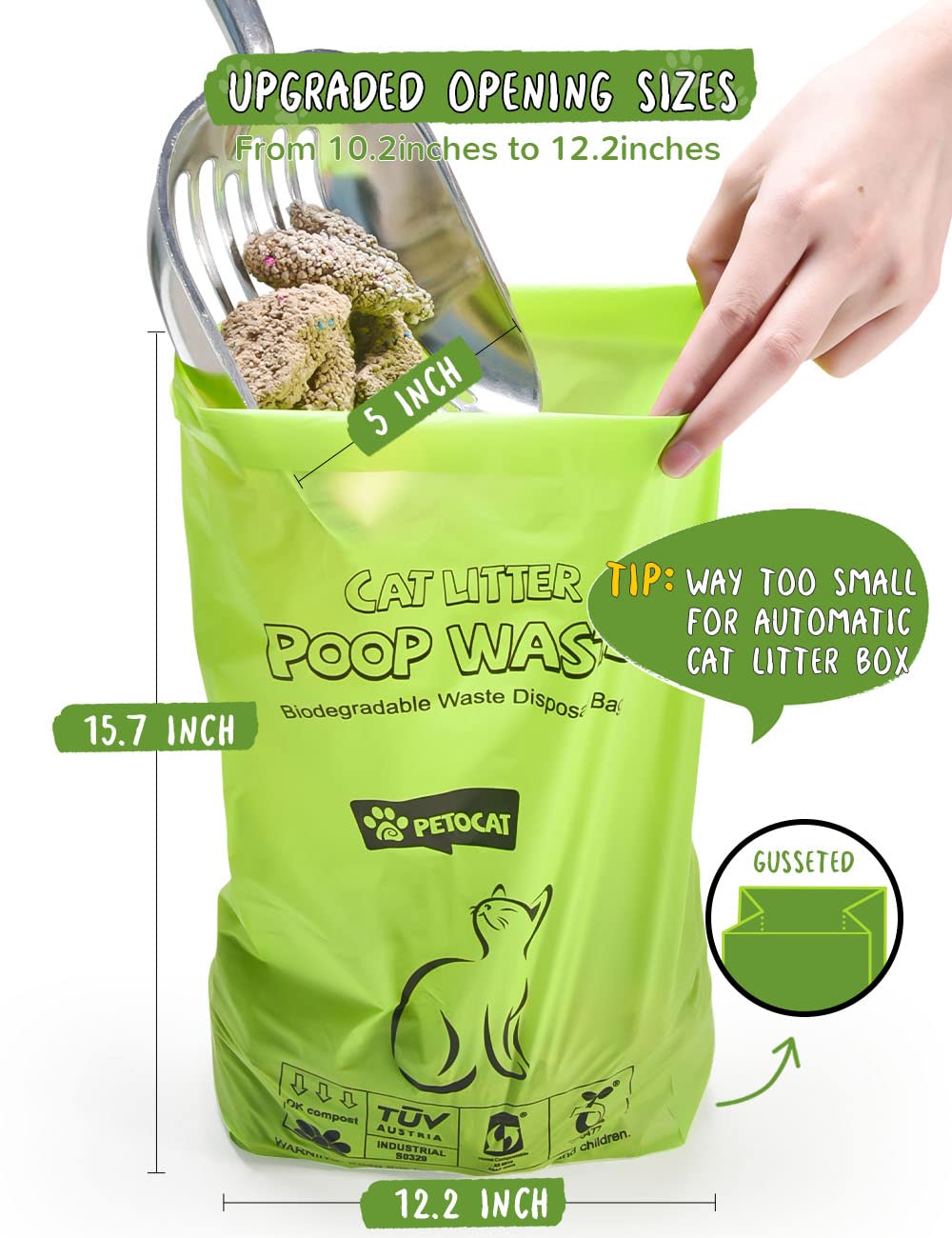 PETOCAT cat litter bags large-size 12-2x15-7 provide ample space for scooped litter.