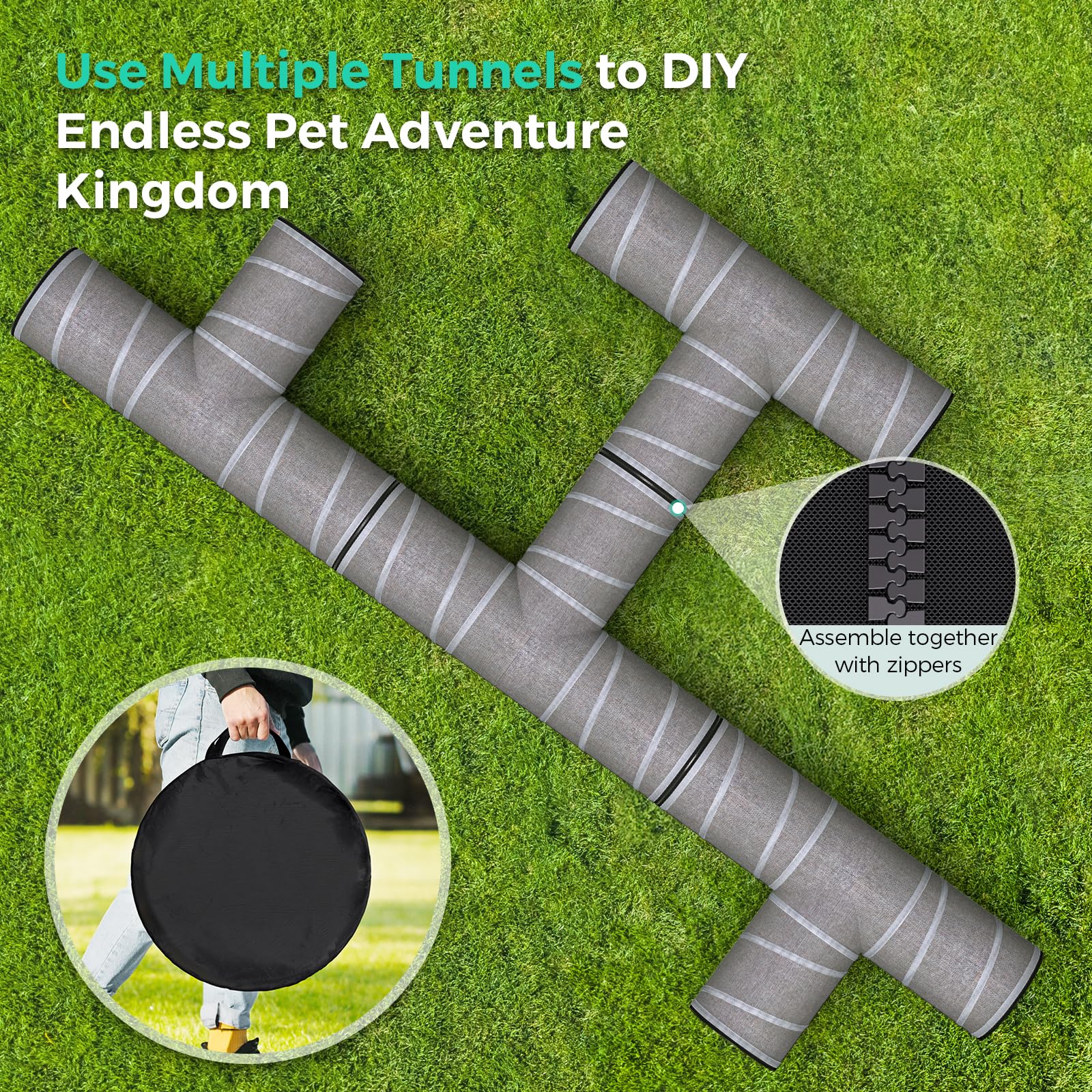 PETOCAT cat tunnel 4-way zipper-connection enables expandable maze layouts