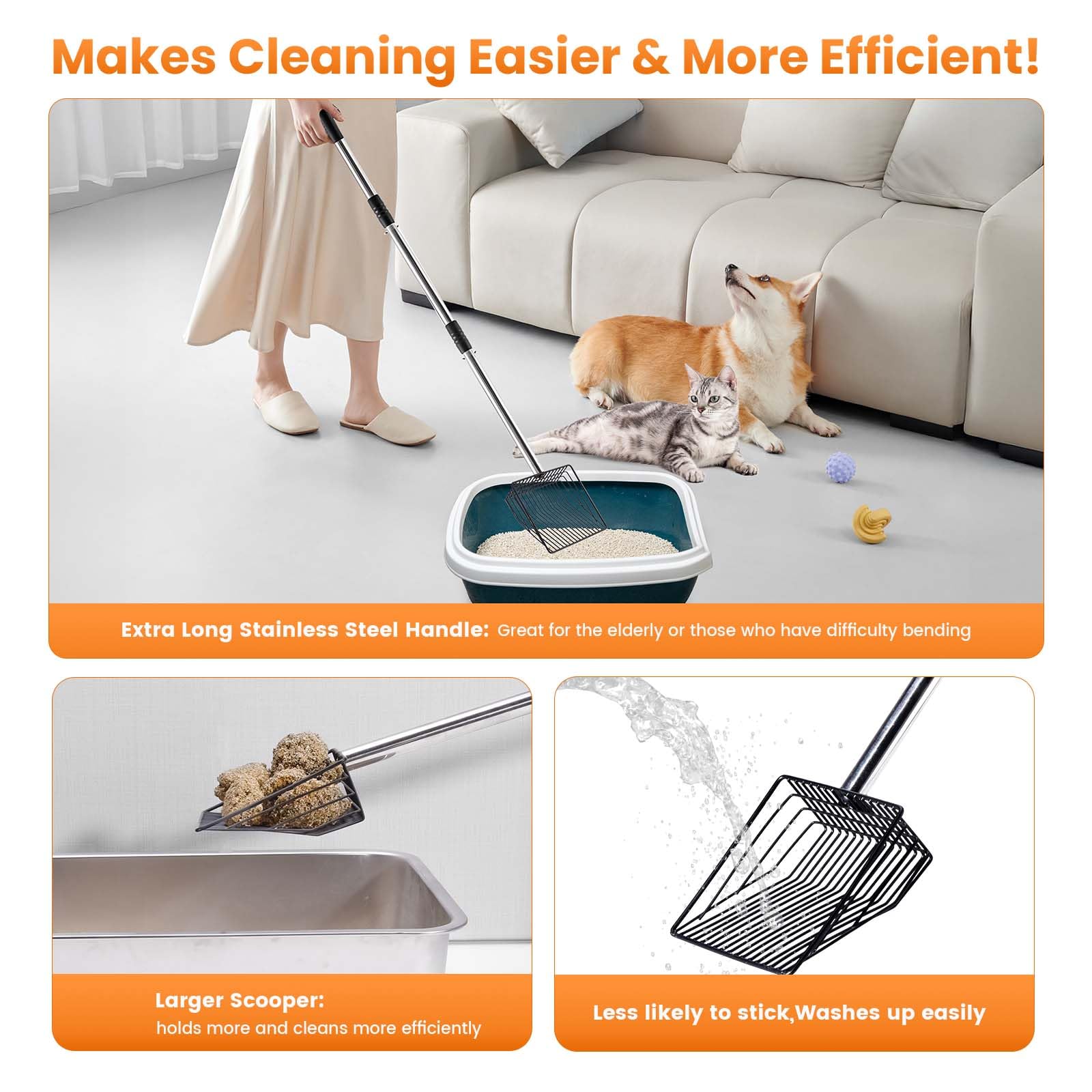 PETOCAT long handle keeps hands away from odors during cleanup.
