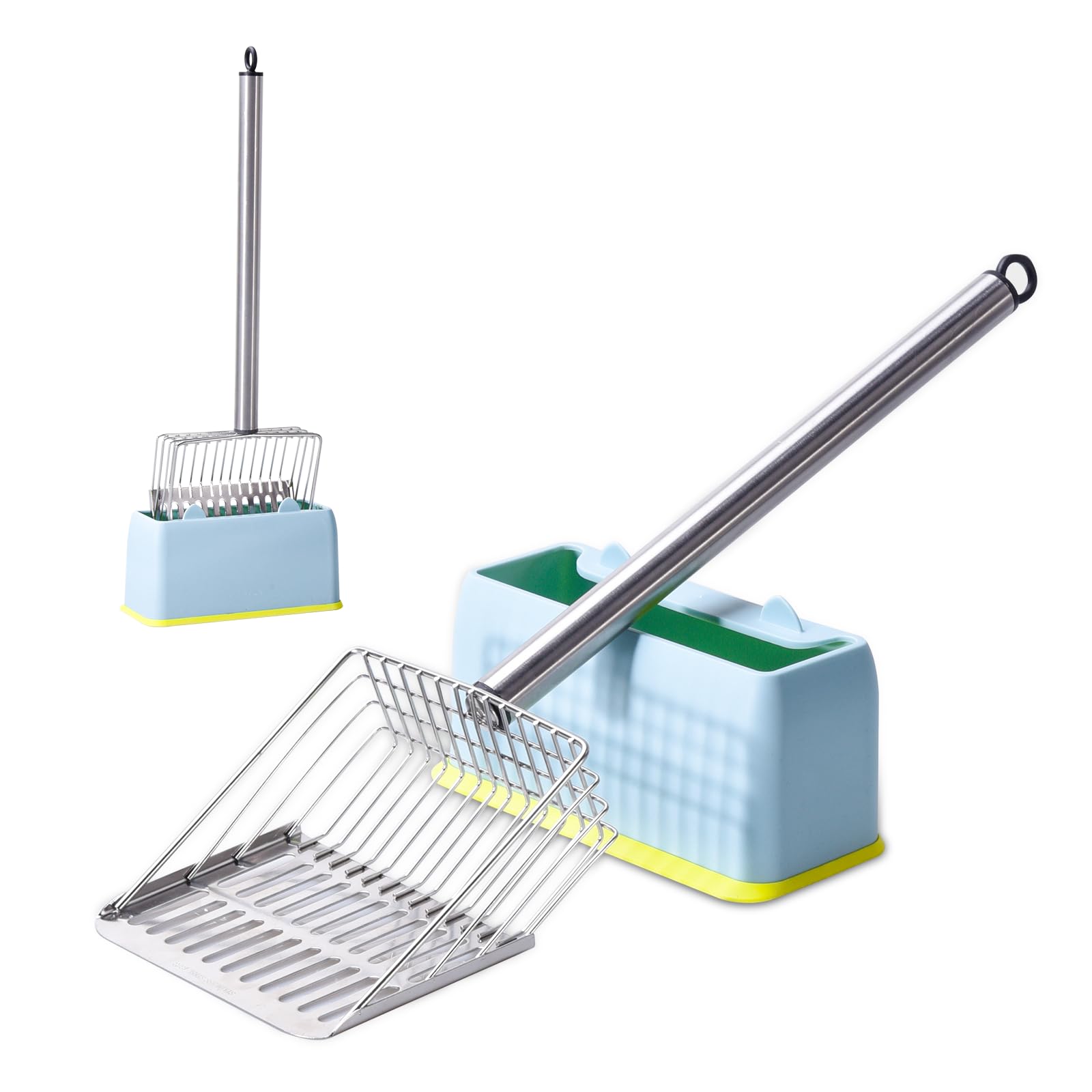 PETOCAT metal cat litter scoop stainless steel with long-handle for deep box cleaning.