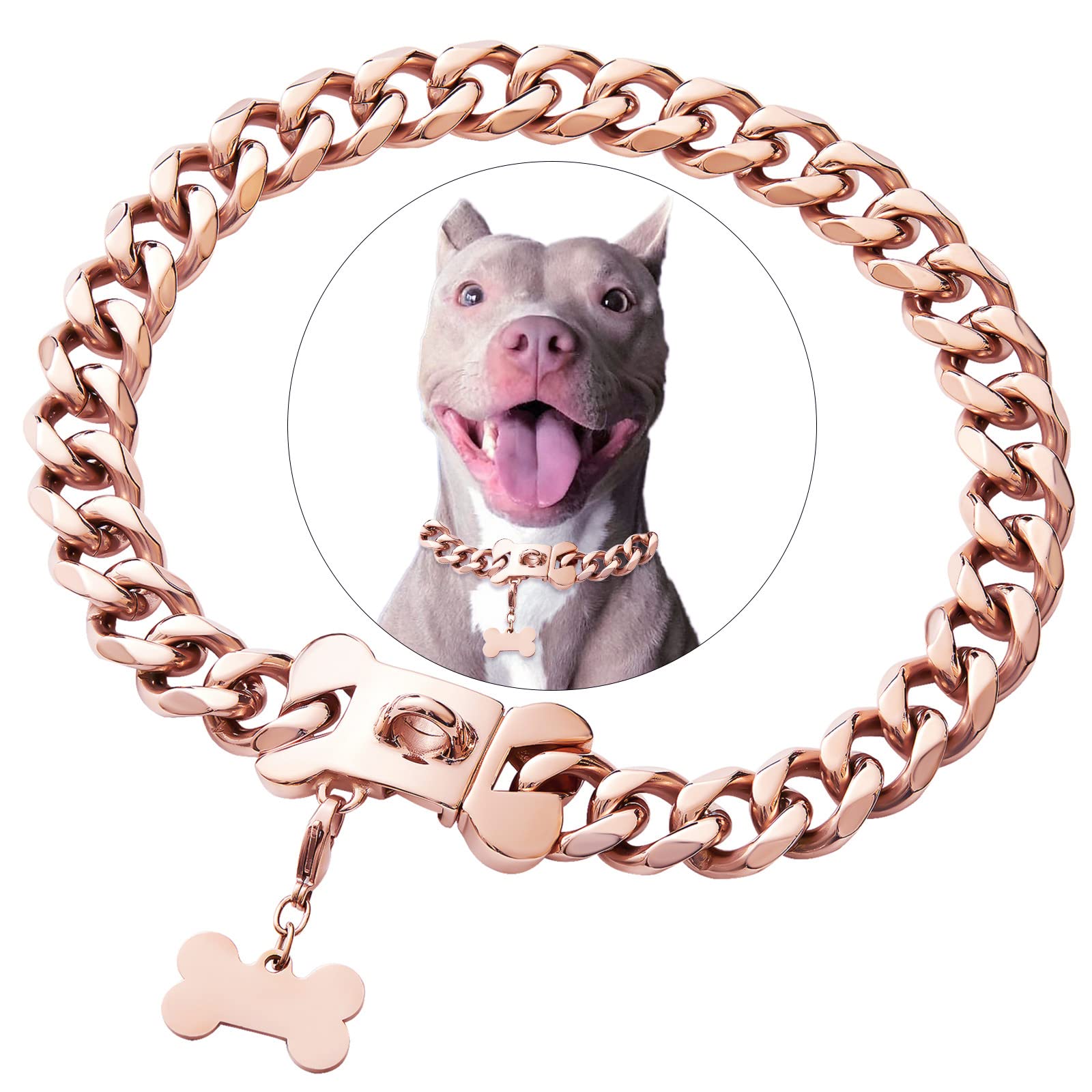 Petoo rose gold stainless steel Cuban link collar closeup highlighting premium finish for stylish wear