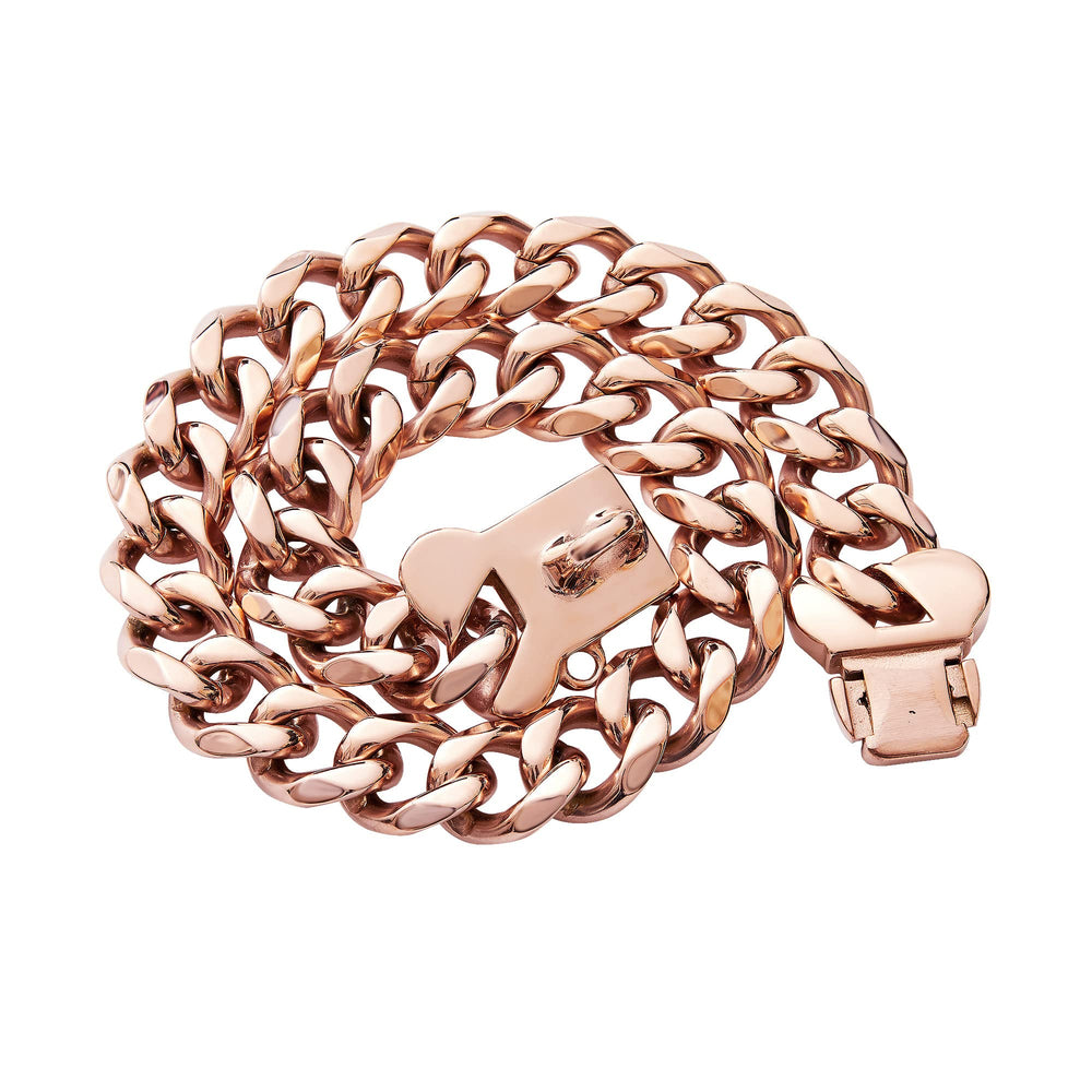 Petoo rose gold Cuban link on French Bulldog lifestyle photo suggests durability