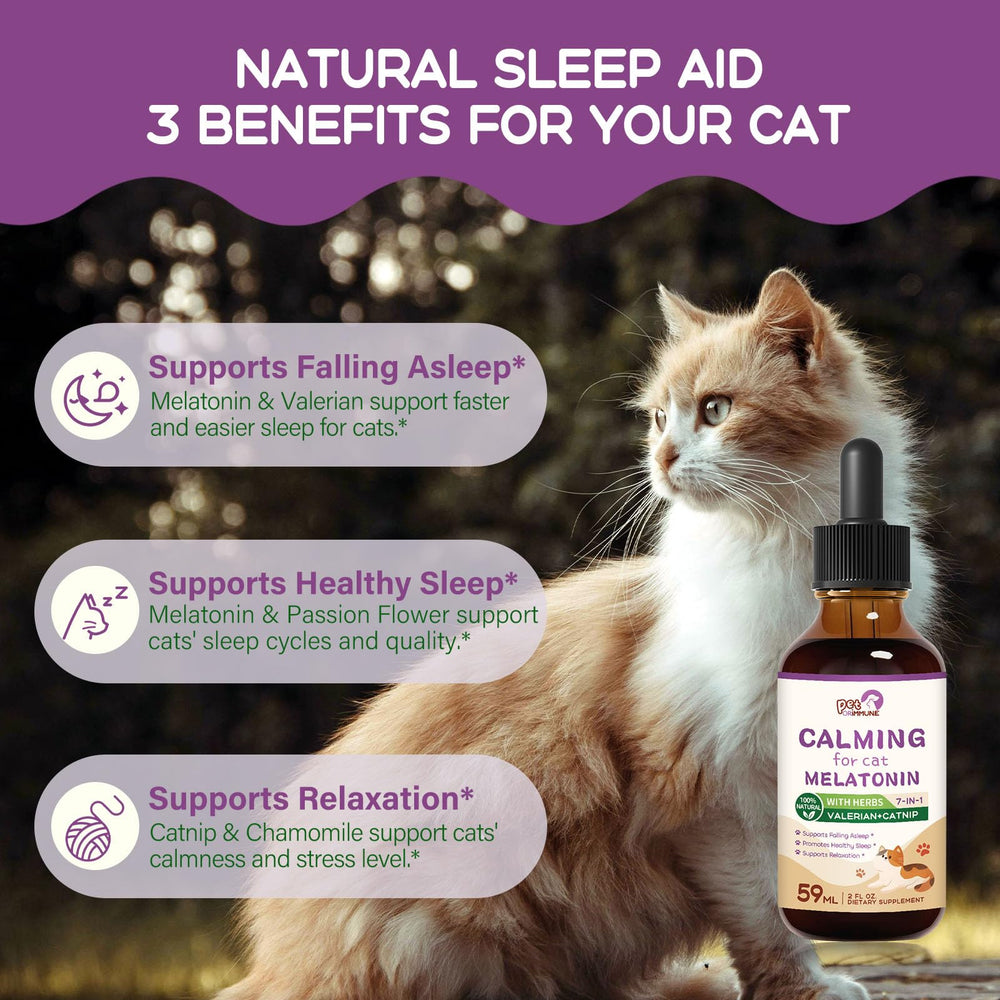 PetORiMMUNE Calming cat melatonin drops dosing 1ml shown for easy bedtime administration.
