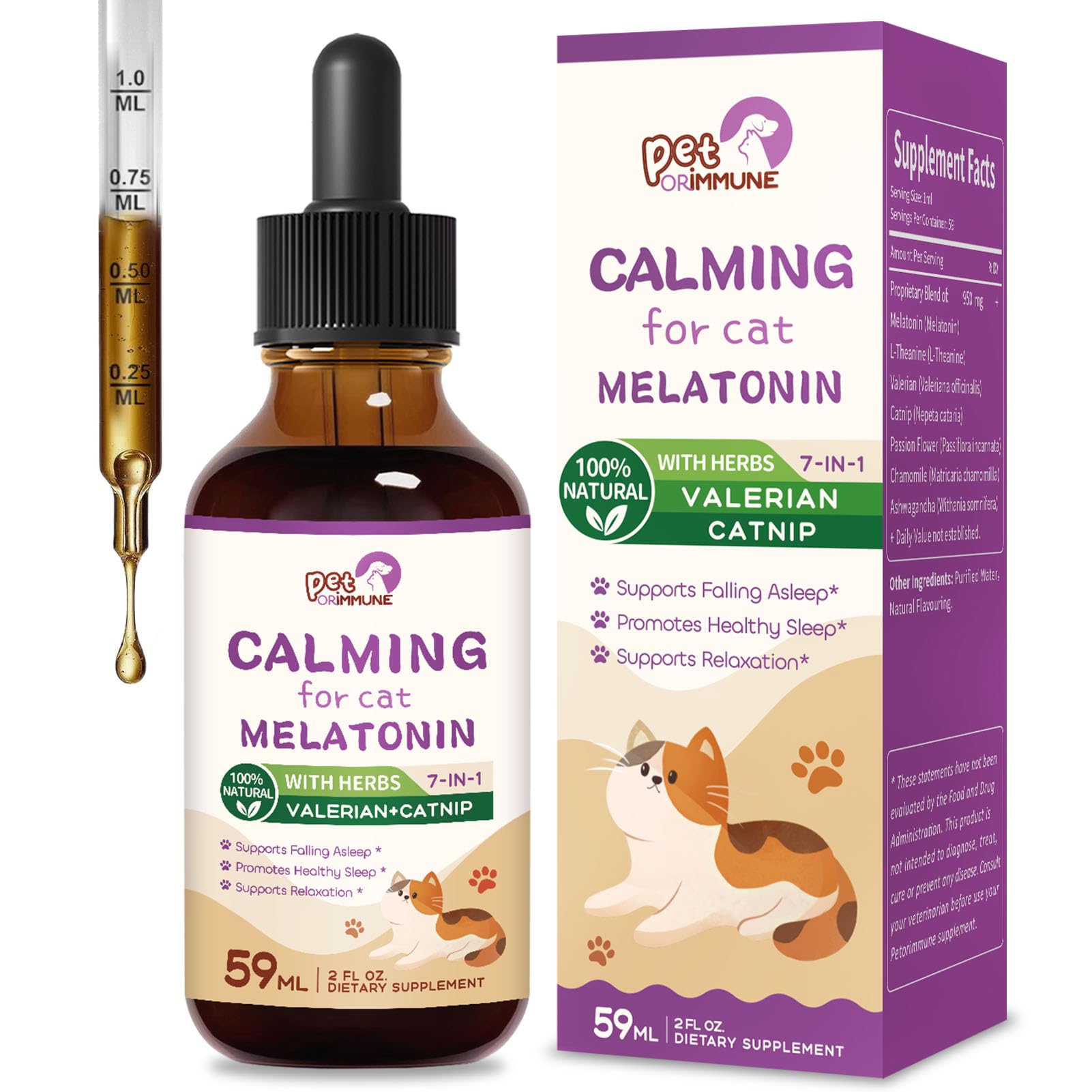 PetORiMMUNE Calming cat melatonin drops bottle ready for soothing bedtime support.