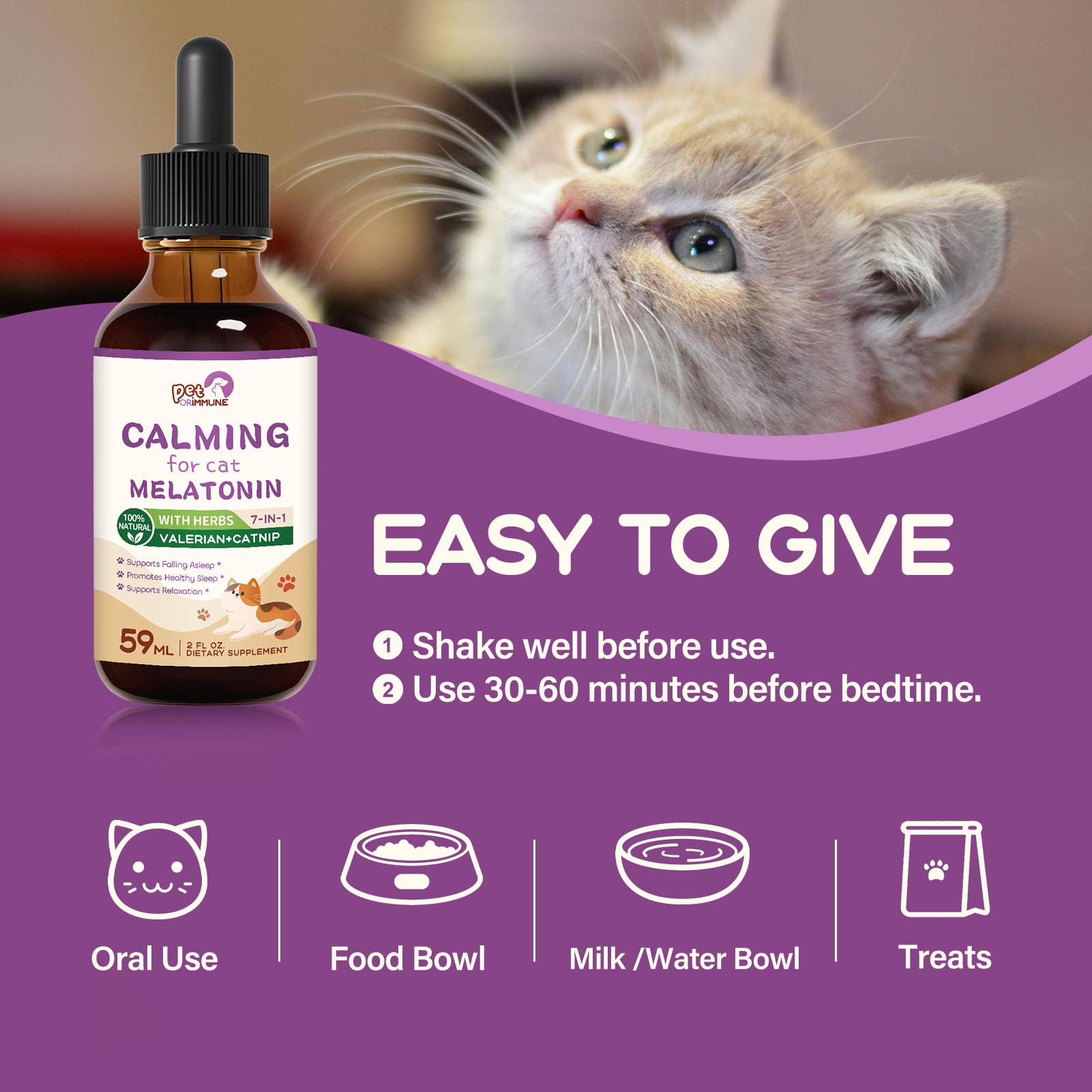 PetORiMMUNE cat enjoying treat-time with calming drops for smoother nightly routine.