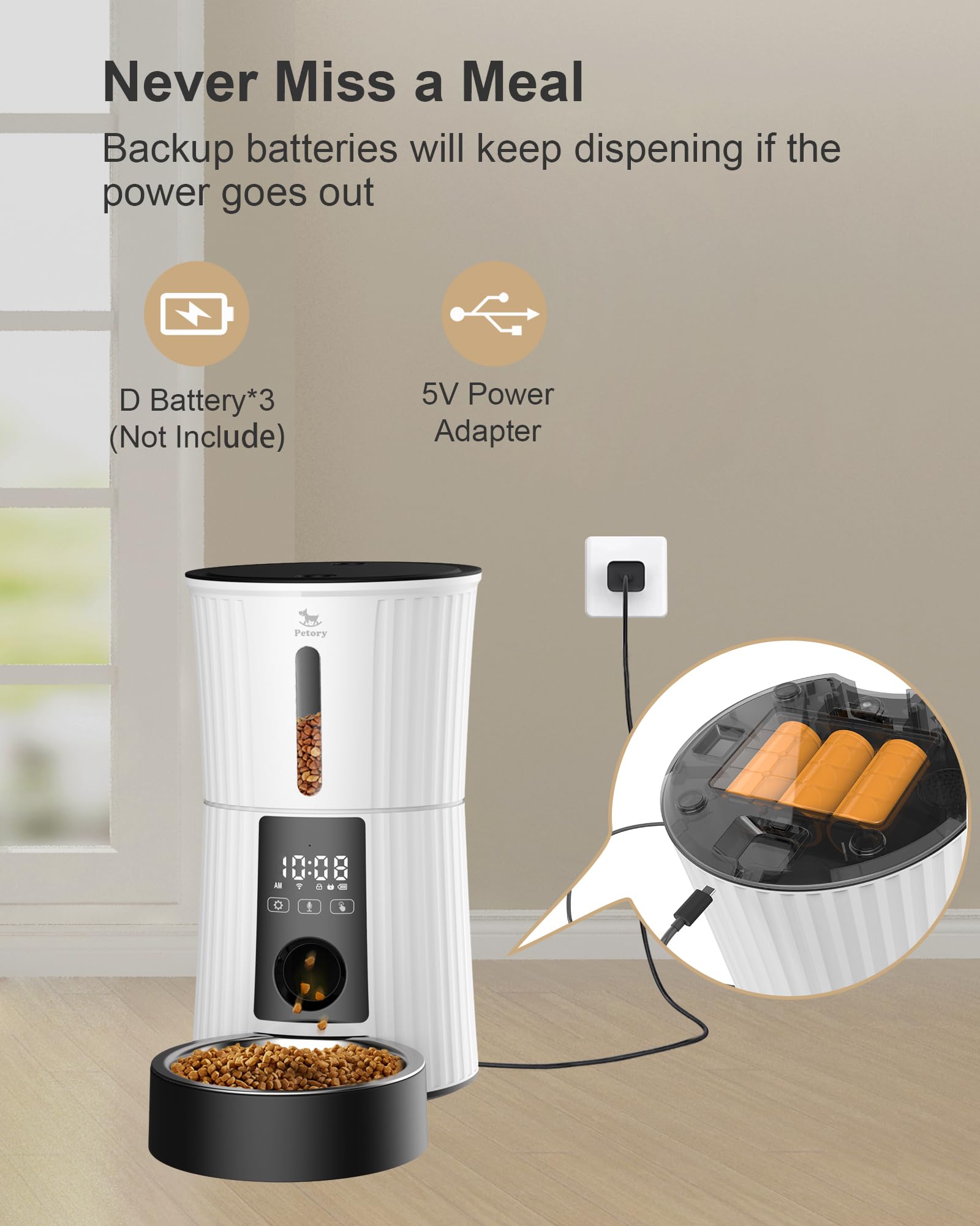 Petory dual power supply setup ensures feeding during outages