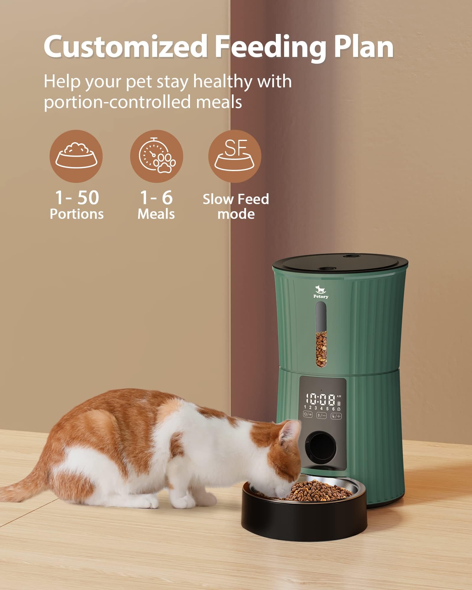 Petory Timed Feeder dual power supply ensures feeding during outages.