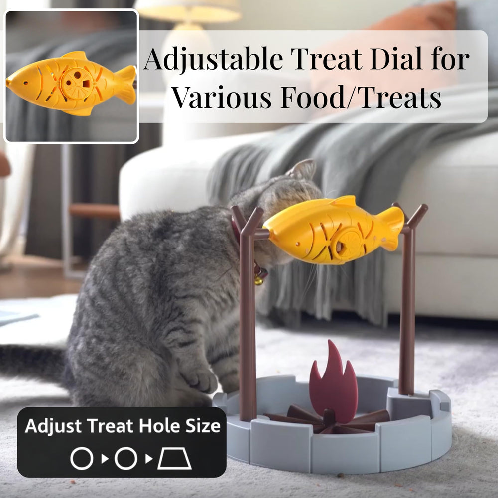 PetPals Grilled Fish cat toy bright yellow campfire design captures attention during meals.