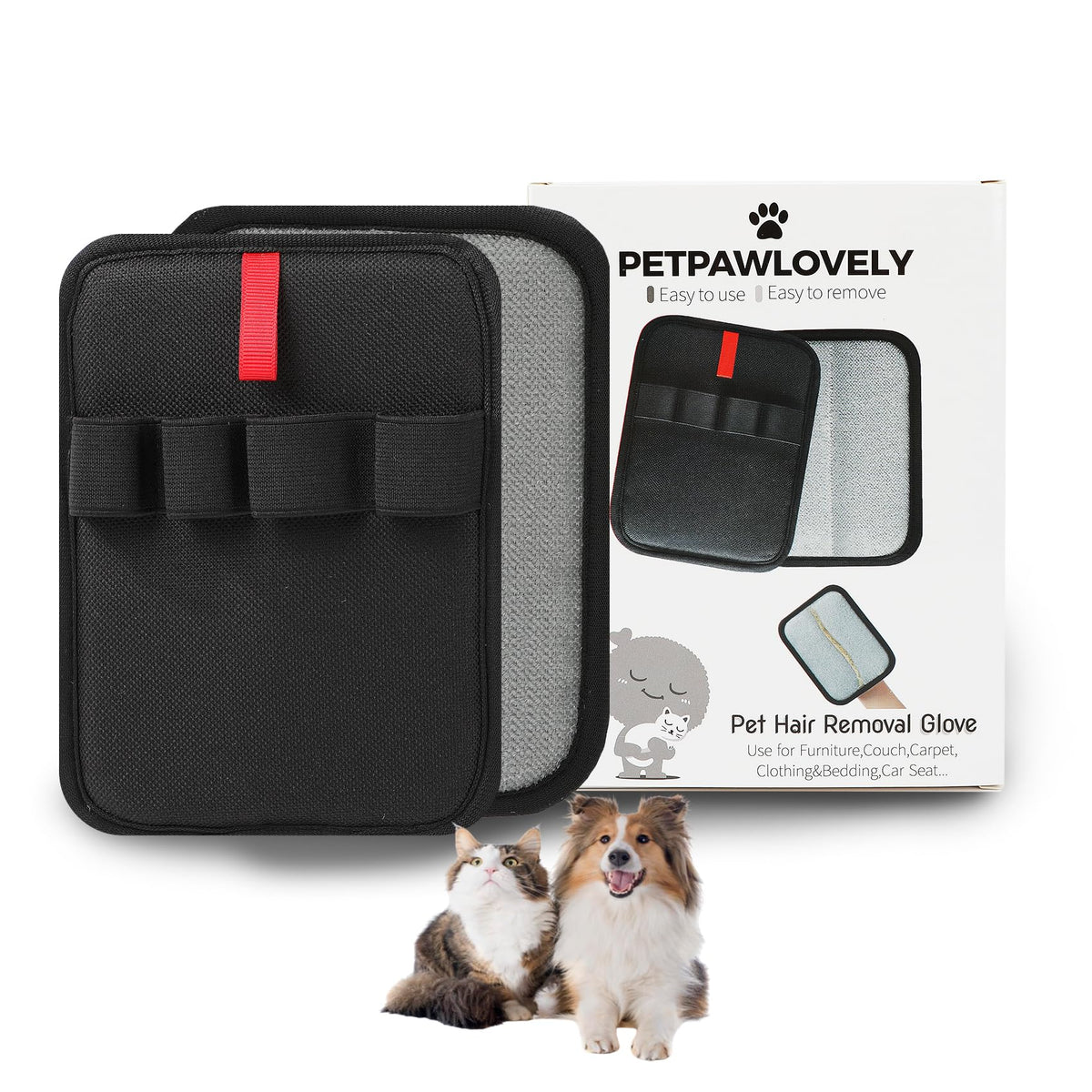 PETPAWLOVELY pet hair remover glove front view showing easy rub motion for fast cleanups
