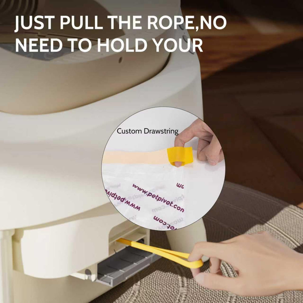 Petpivot litter box cleanup using drawstring sealing for hygienic waste handling.