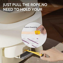 Petpivot litter box cleanup using drawstring sealing for hygienic waste handling.