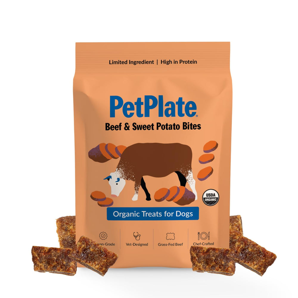 PetPlate Beef and Sweet Potato Bites pack shot, high-protein, grain-free dog treats