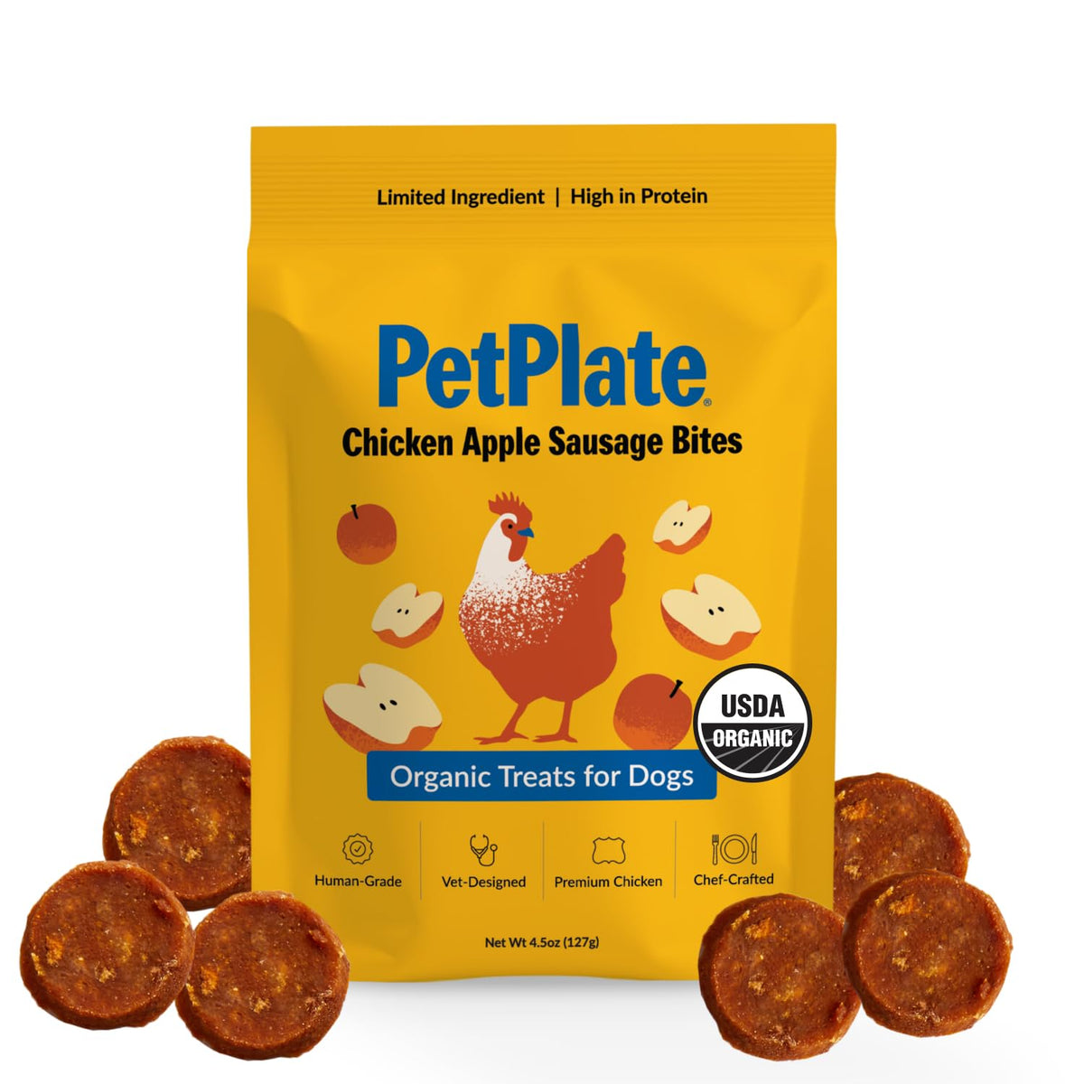 PetPlate Chicken Apple Sausage Bites pack—ideal training reward for dogs.