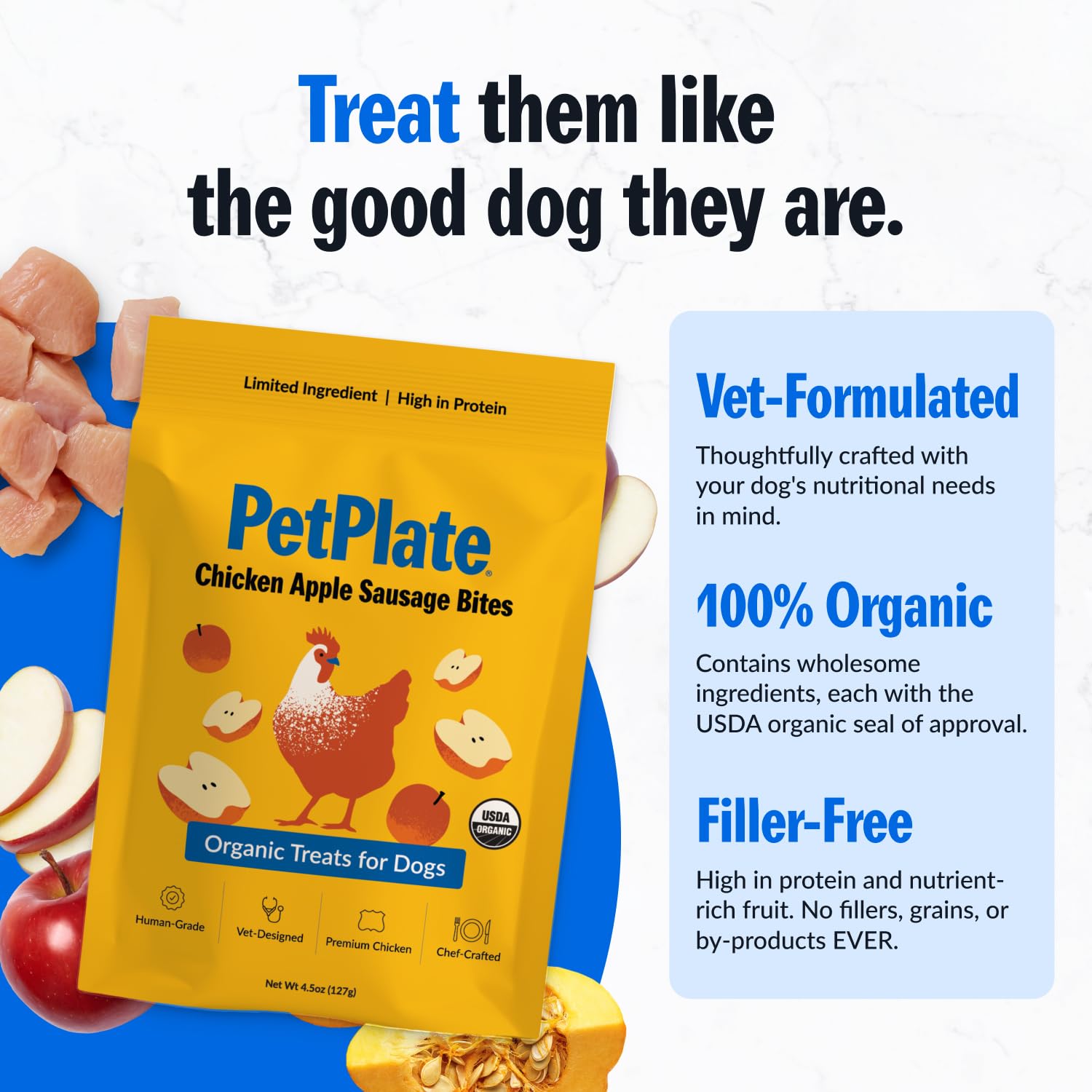 PetPlate Chicken Apple Sausage Bites serving bowl—great all life stages snack.
