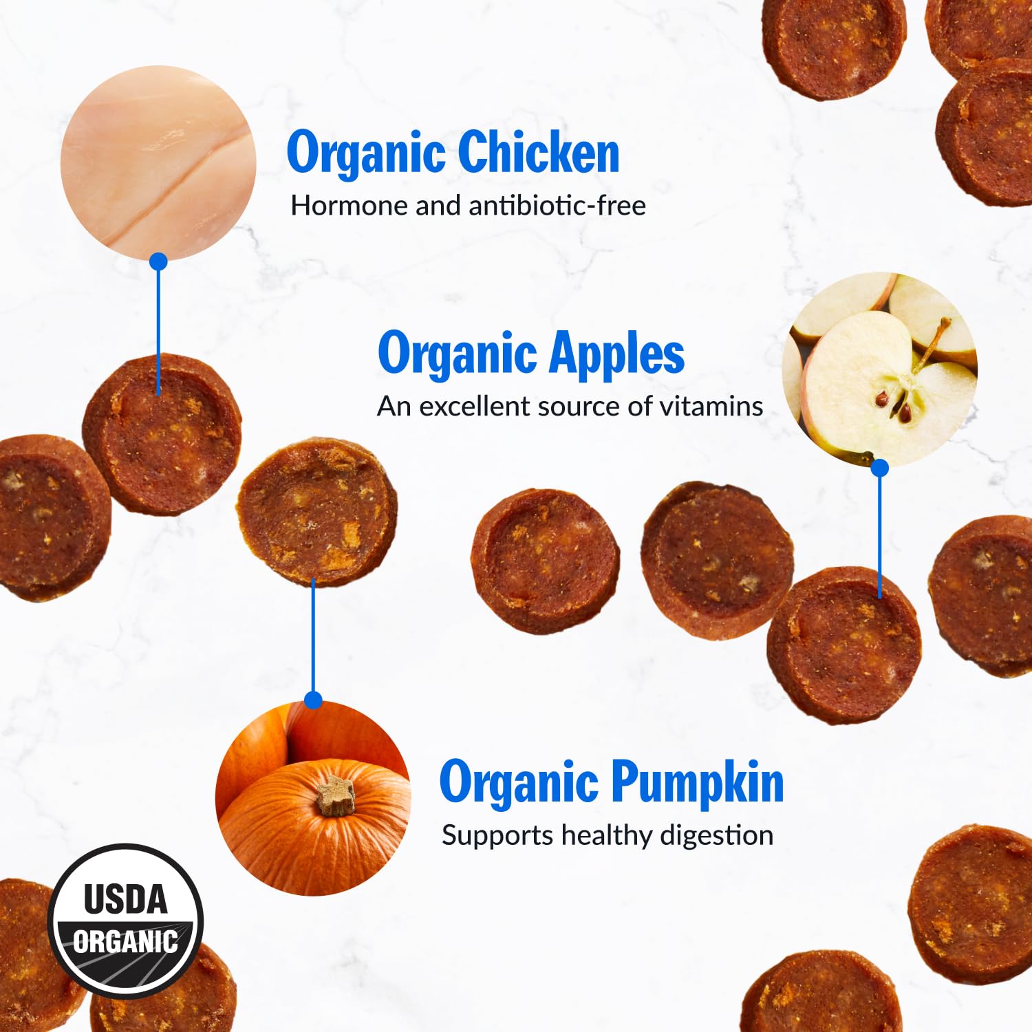 PetPlate Chicken Apple Sausage Bites training-reward—easy to break apart.