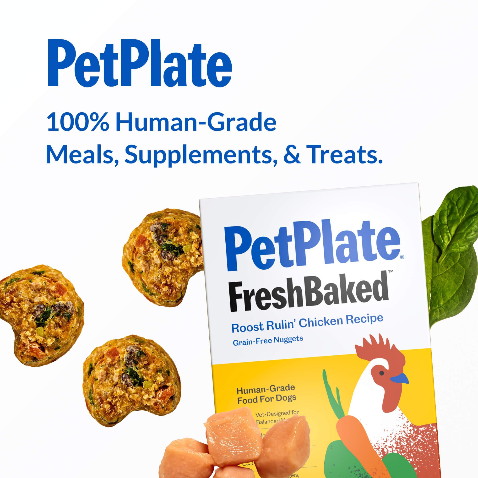 PetPlate Roost Rulin' Chicken 2lb bag front label communicates no fillers or by-products.