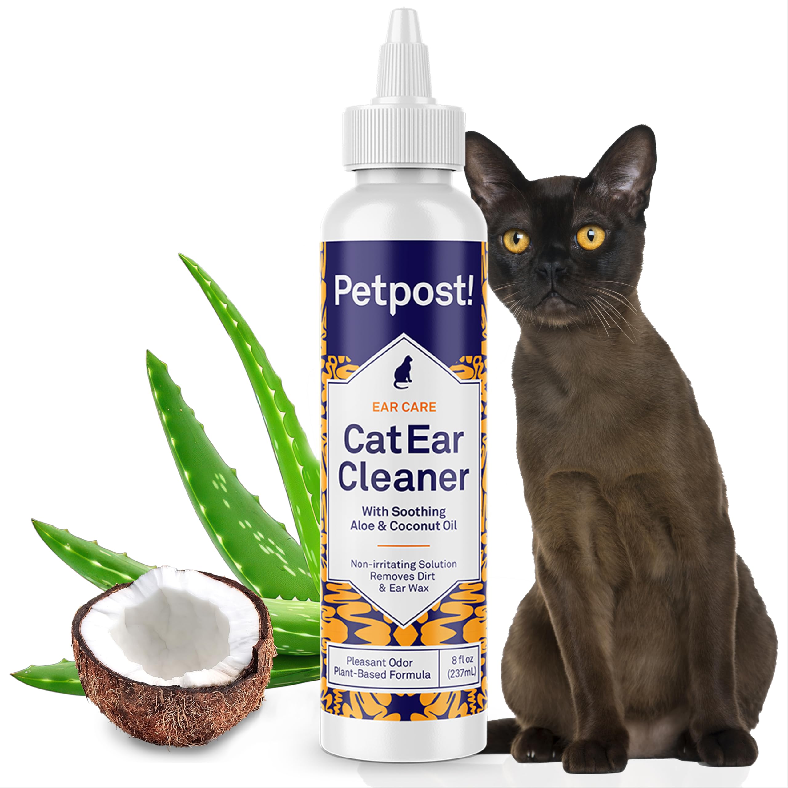 Petpost Cat Ear Cleaner bottle showing natural coconut oil formula for gentle ear cleaning