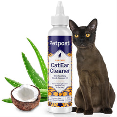 Petpost Cat Ear Cleaner bottle showing natural coconut oil formula for gentle ear cleaning