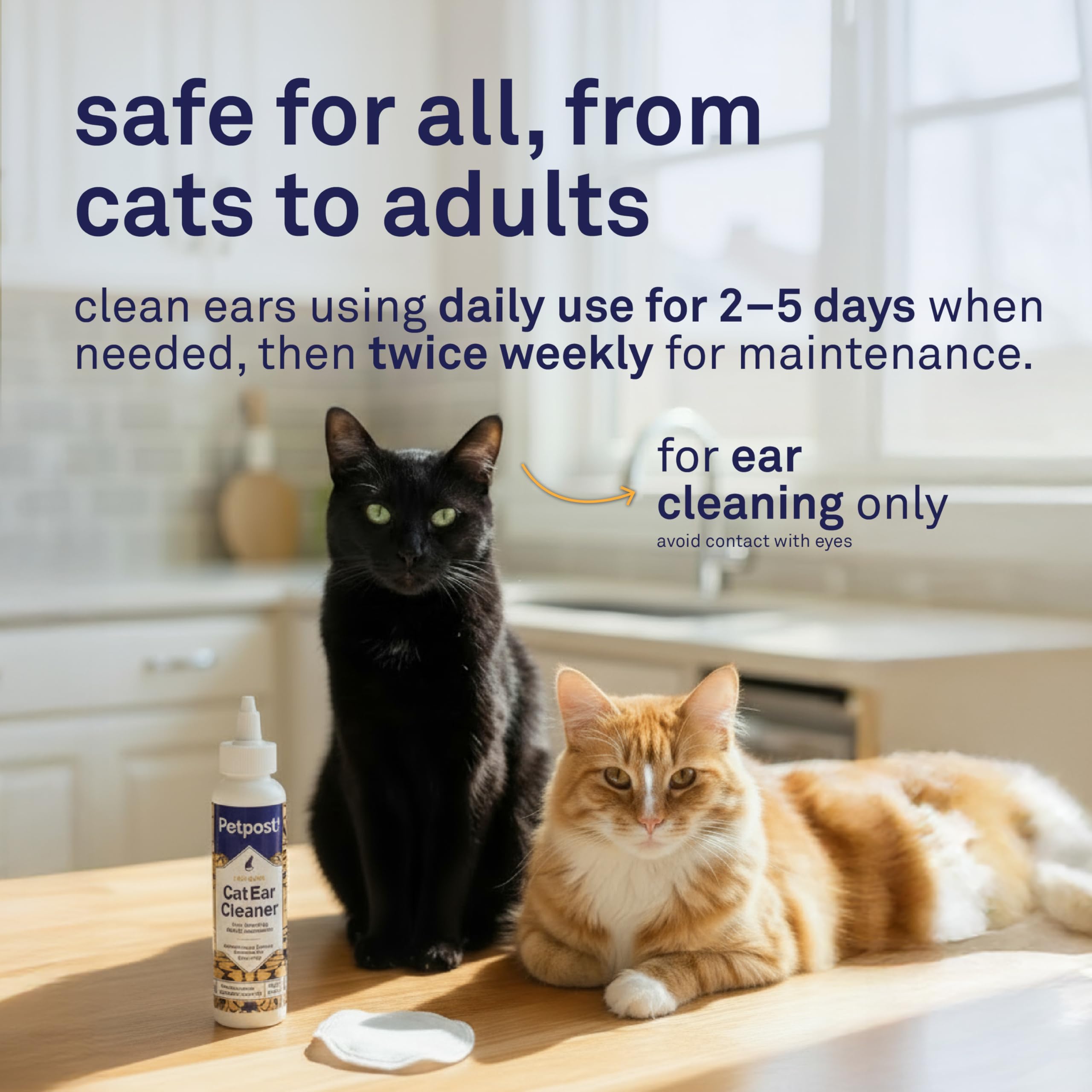 Petpost Cat Ear Cleaner with cat image emphasizes a safer option trusted by vets