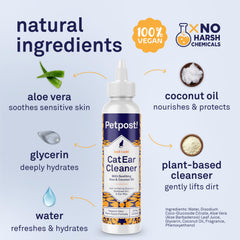 Petpost Cat Ear Cleaner drops close-up highlighting alcohol-free formula and coconut oil benefits