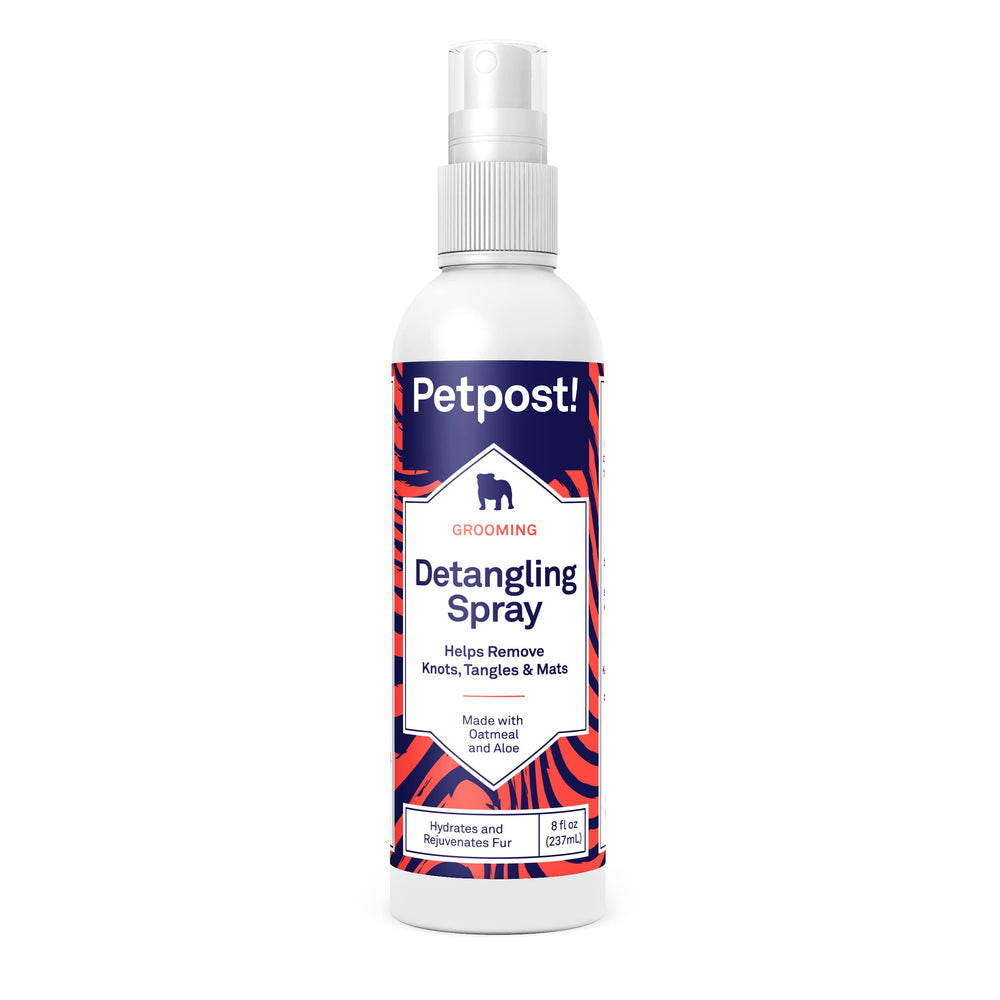 Petpost Detangling Spray bottle pour enhances moisture for easier detangling.