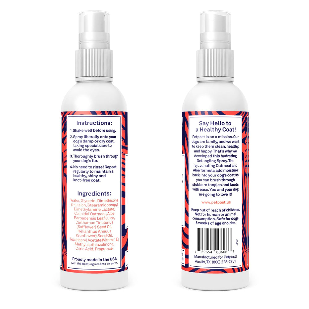 Petpost Detangling Spray reduces knots and mats, easing brushing.