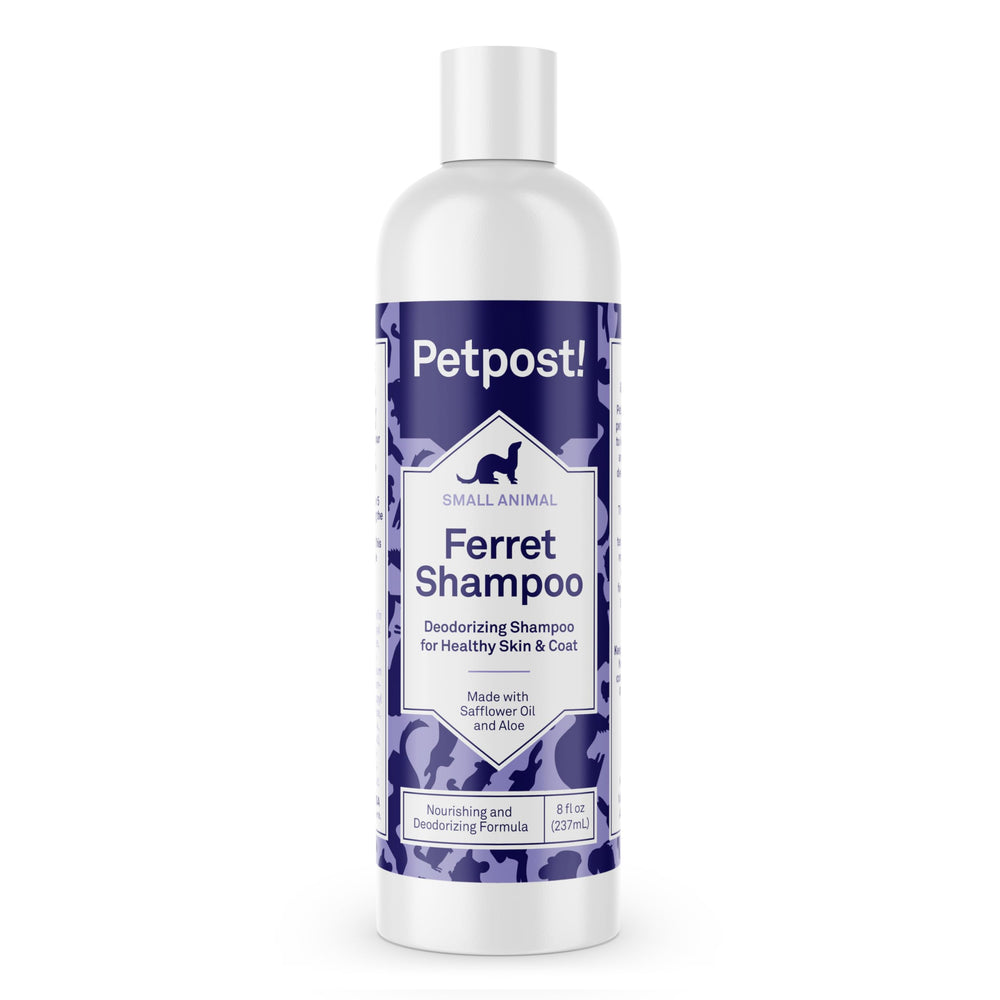Petpost Ferret Shampoo bottle front highlights odor-control formula for small pets