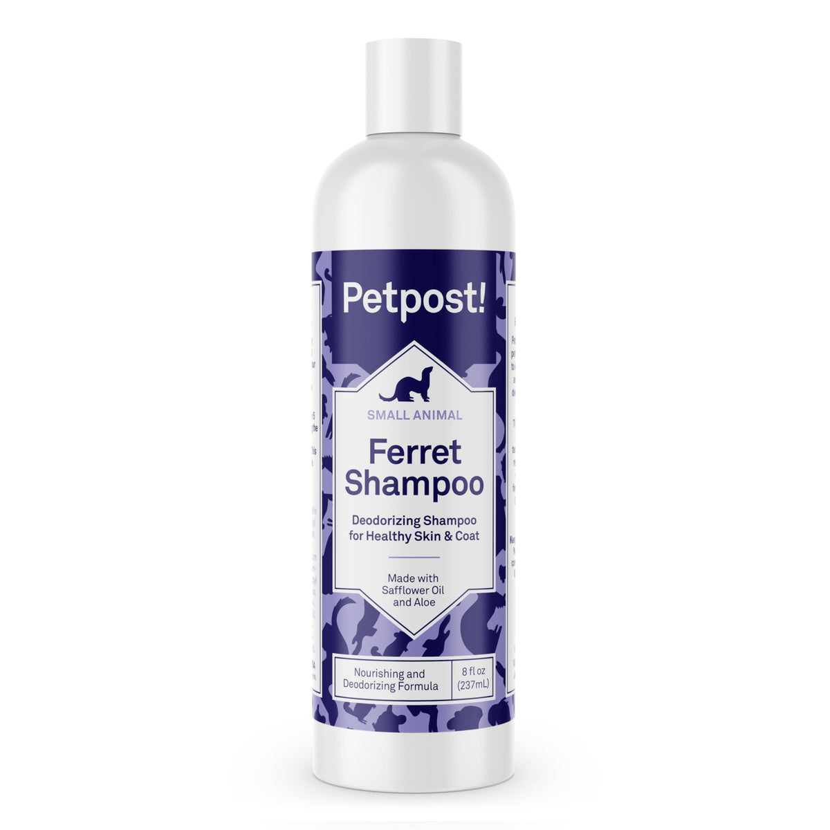 Petpost Ferret Shampoo bottle front highlights odor-control formula for small pets
