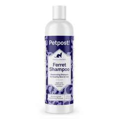 Petpost Ferret Shampoo bottle front highlights odor-control formula for small pets