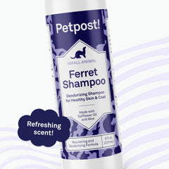 Petpost Ferret Shampoo safflower oil image emphasizing nourished skin and soft fur