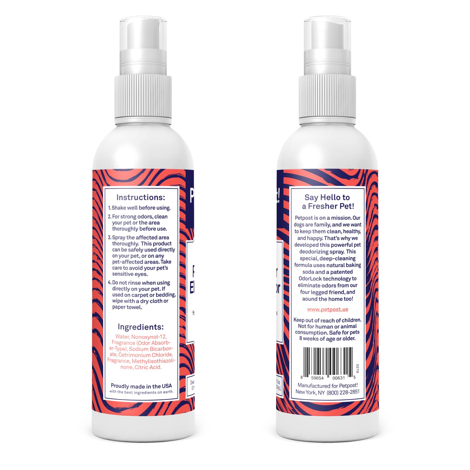 Petpost odor eliminator spray on pet coat for gentle odor control.