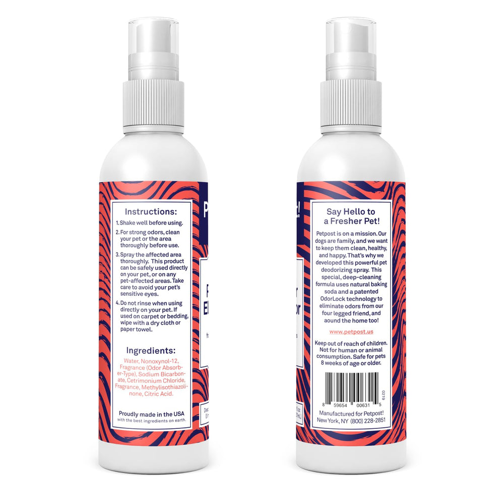 Petpost odor eliminator spray on pet coat for gentle odor control.