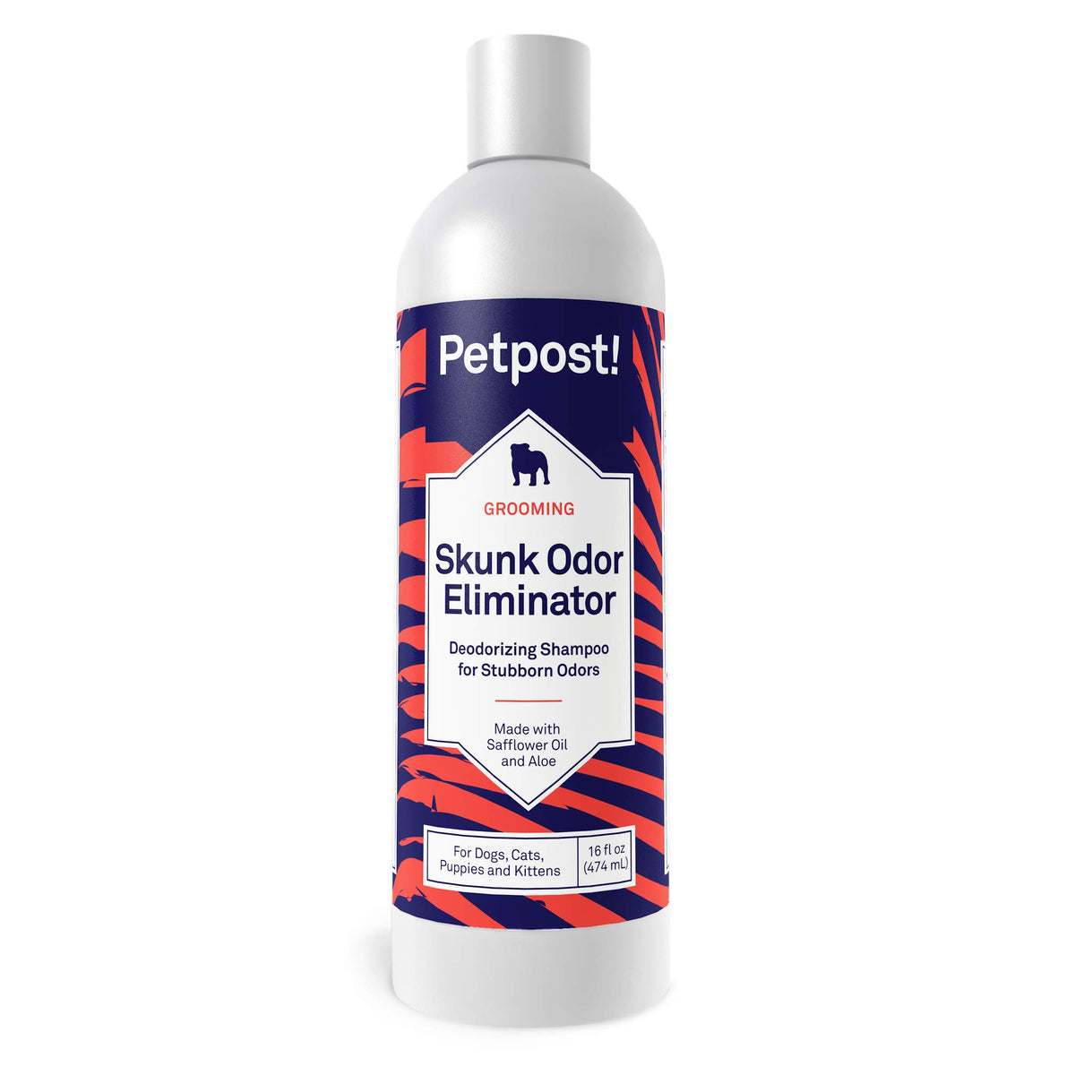 Petpost Skunk Odor Eliminator Shampoo bottle showing easy odor control for pets.