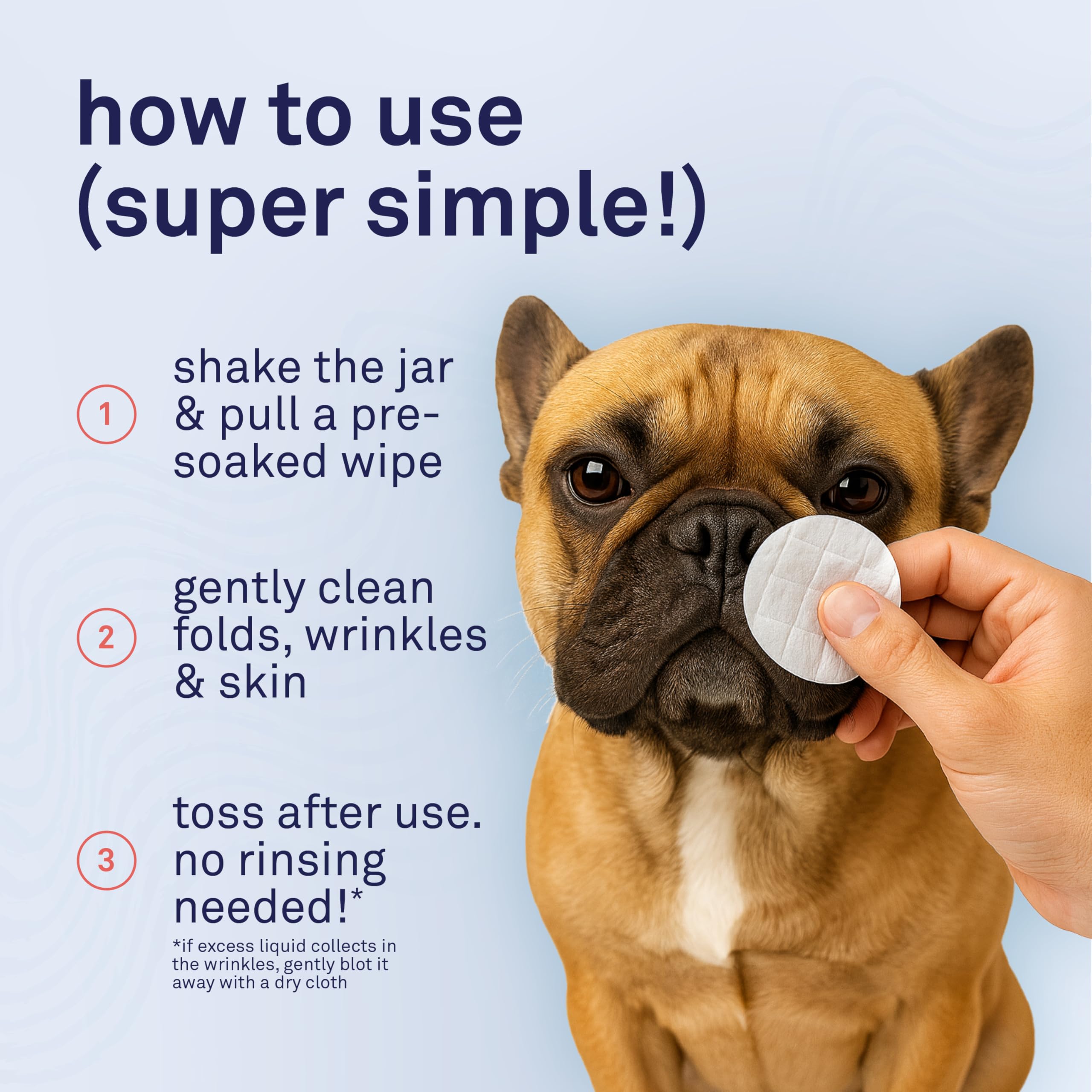 Petpost Wrinkle Wipes compact-use imagery shows quick daily clean in seconds