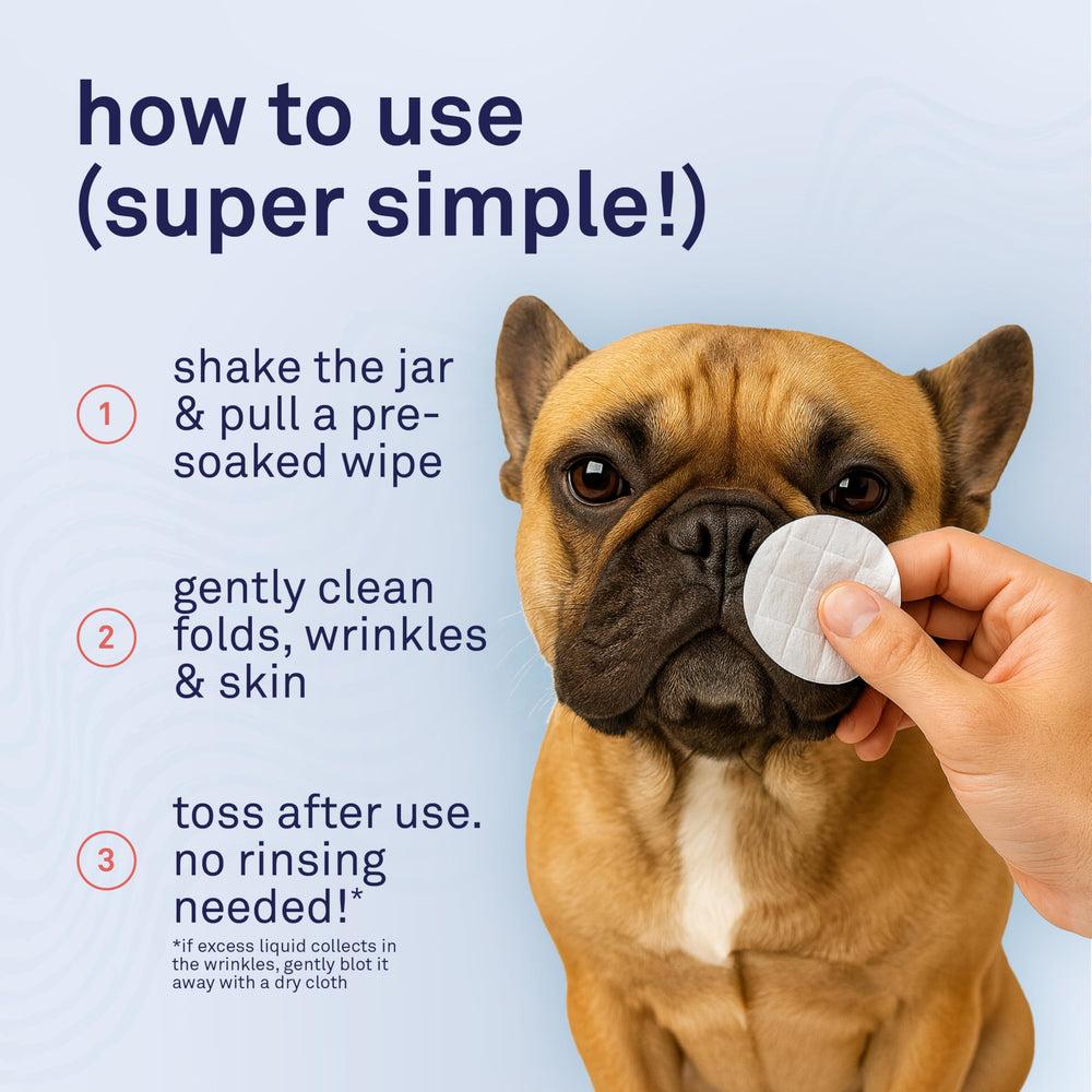 Petpost Wrinkle Wipes compact-use imagery shows quick daily clean in seconds