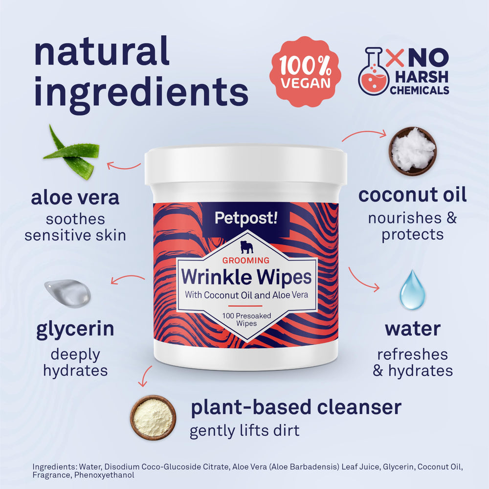 Petpost Wrinkle Wipes ingredients-aloe-coconut-oil highlight soothing, mild cleansing for sensitive areas