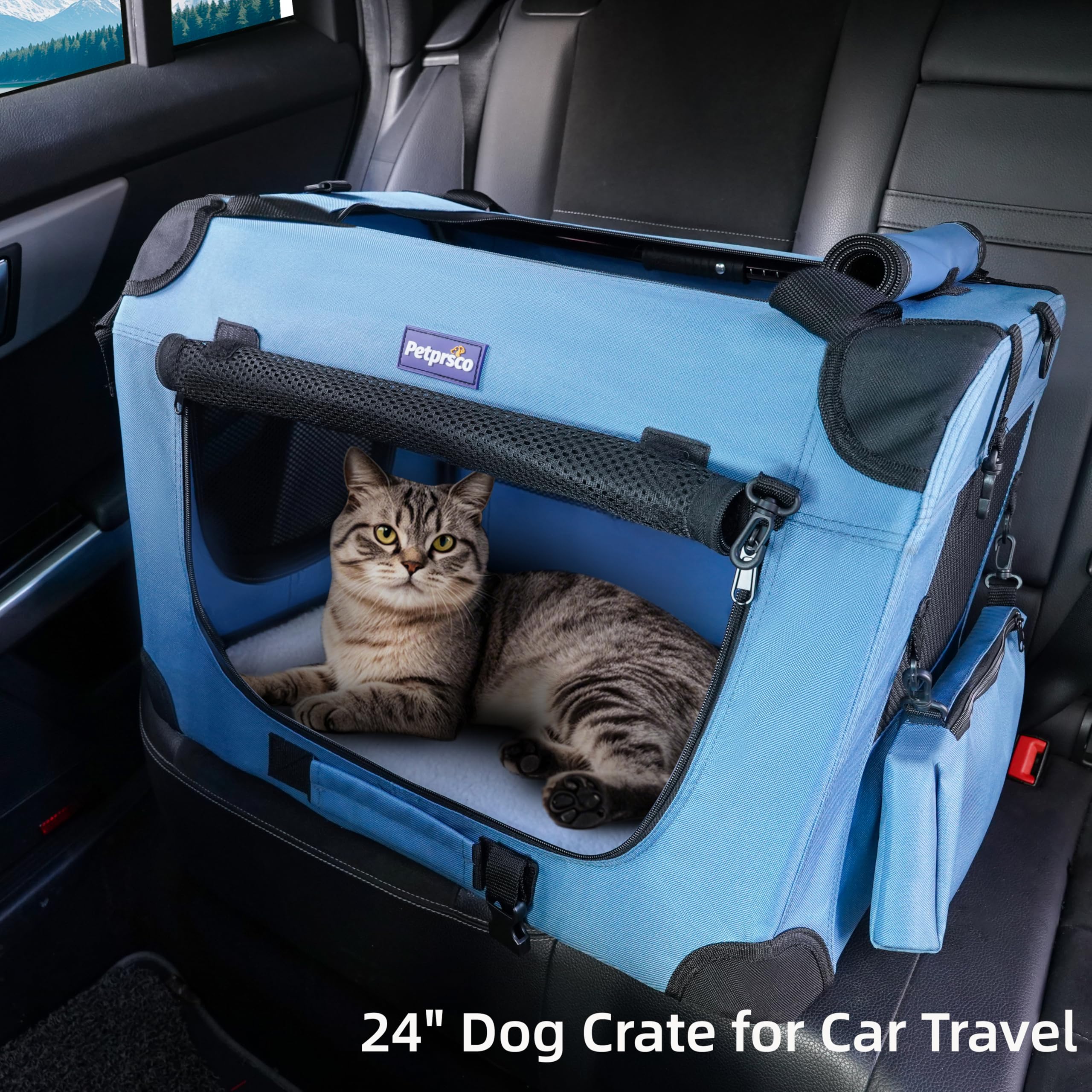 Petprsco indoor outdoor travel setup illustrates versatile crate options.