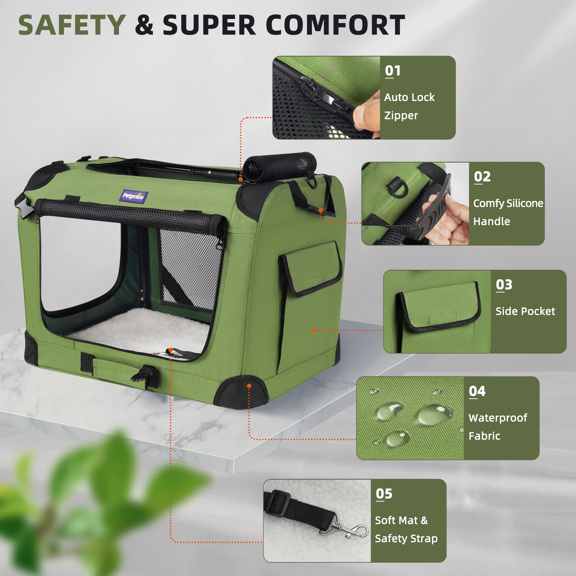 Petprsco carrier accessories including pad, blanket, and travel bowl.