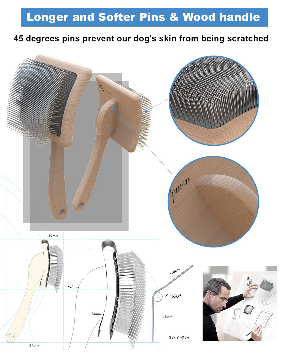 Petqueen wooden handle ergonomic design for comfortable long grooming sessions.