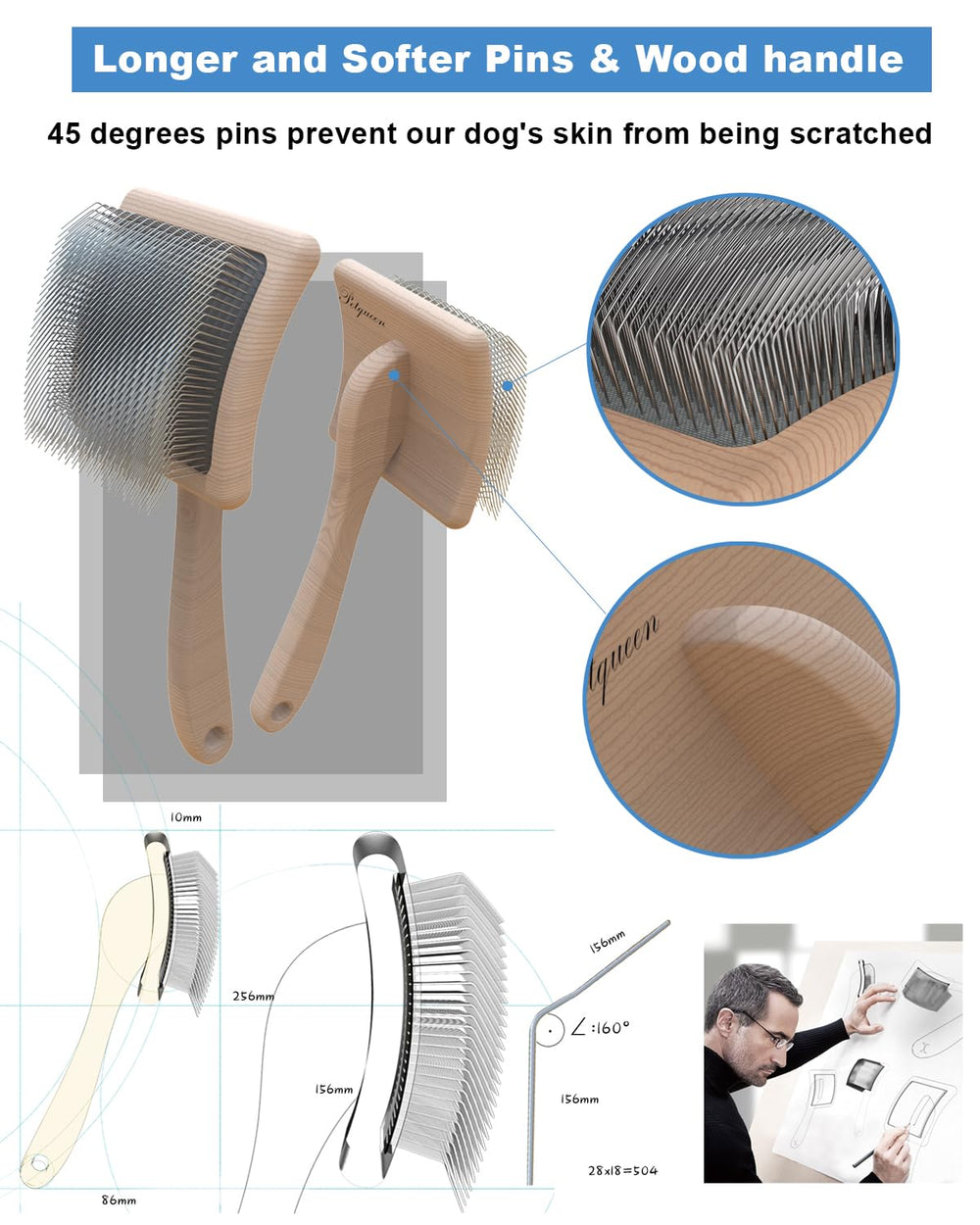 Petqueen wooden handle ergonomic design for comfortable long grooming sessions.