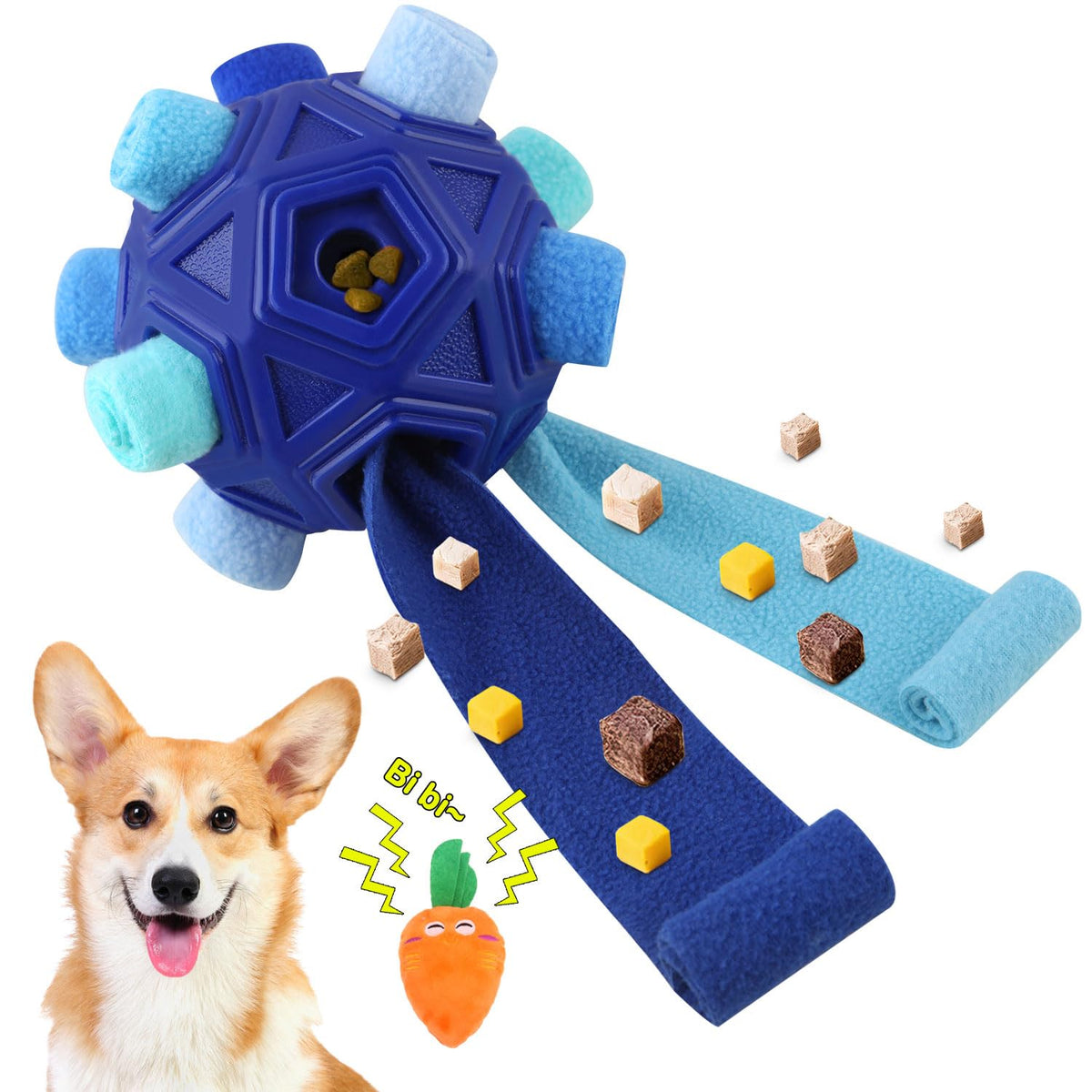 Petration snuffle ball front view highlights durable fabric strips for slow feeding and sniffing