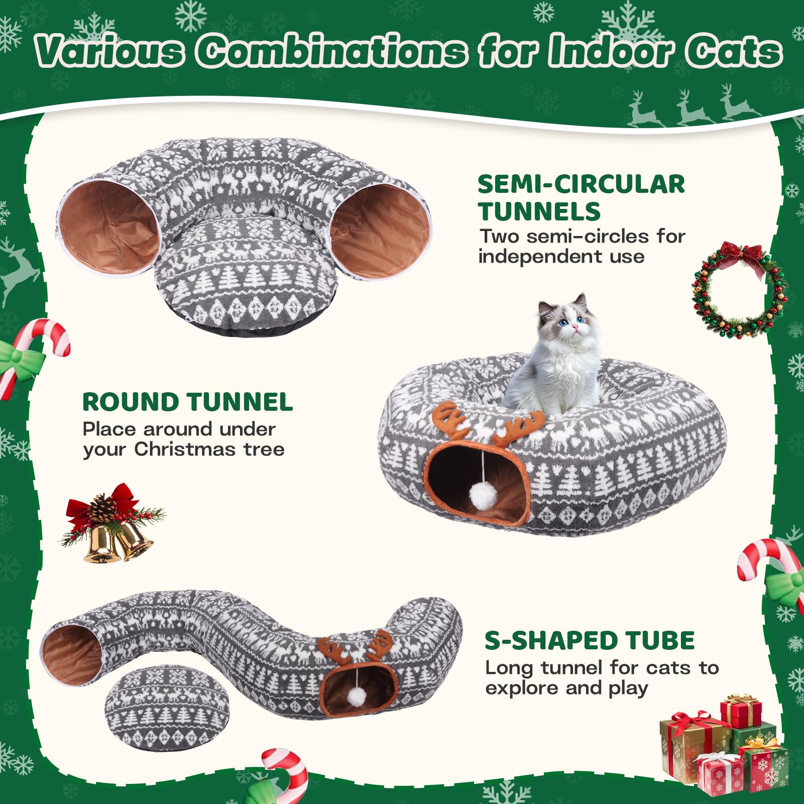 Petrendy Christmas Cat Tunnel Assembly demonstrates quick setup for holiday lounging and play.